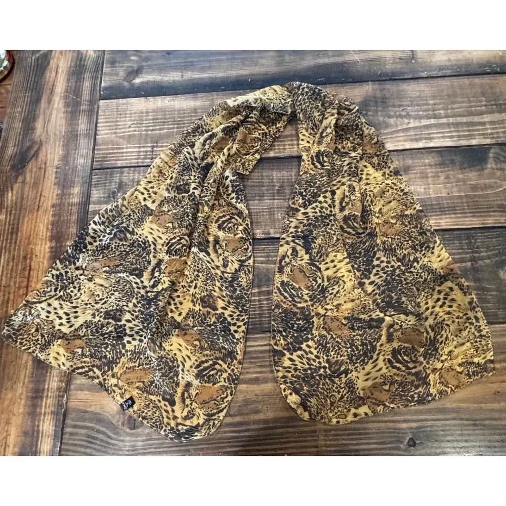Leopard Animal Print Scarf Brown Black Semi Sheer Oblong 19x60 Lightweight Tiger